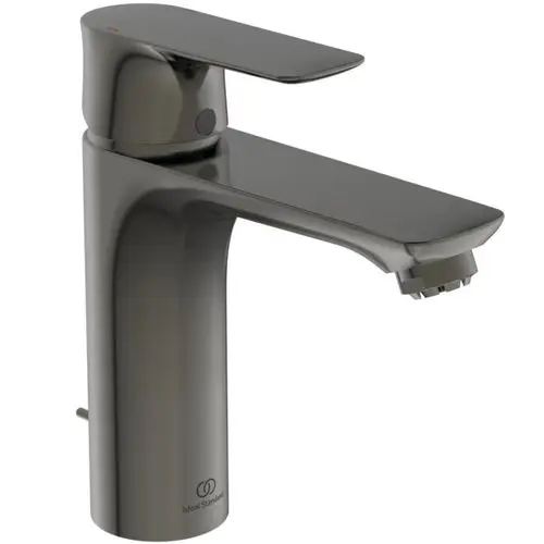 Ein Wasserhahn von Ideal Standard in einem modernen Design mit flacher Oberfläche und Hebelbedienung, präsentiert in einem schlichten, grauen Finish.